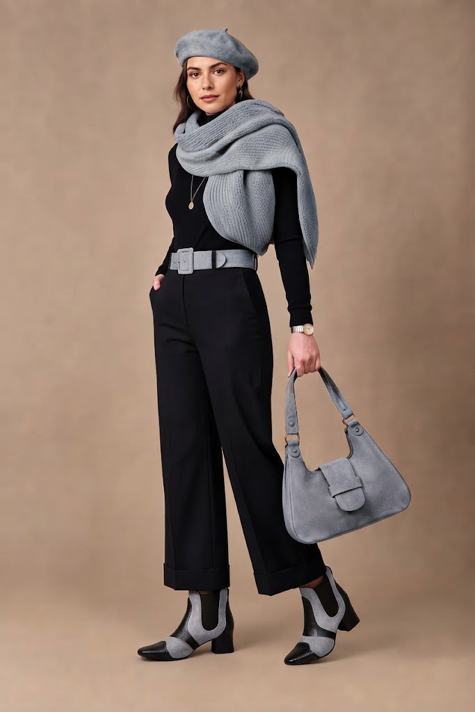 Women's black, smoke gray and pitch black two-tone chelsea boots with round toe and low flared heel - Top view